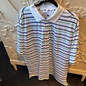 Men's White Performance Polo with Navy & Green Stripes